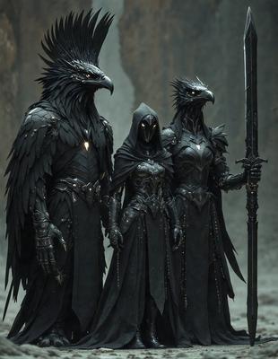 The primary subject of the image is a group of three black bird-like creatures, possibly ravens, standing together. They are wearing dark clothing and appear to be dressed in medieval-style armor. The setting is a dark, possibly underground, environment with a rocky background. The visual style is a combination of photo and digital art, creating a unique and intriguing scene. The dominant colors are black and grey, giving the image a moody and mysterious atmosphere.